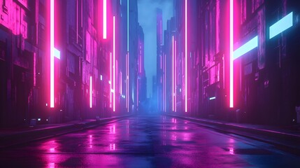 Abstract, futuristic city of concrete and neon. Night city view, illumination. Dark street, abstract scene, neon rays. 3D illustration. 