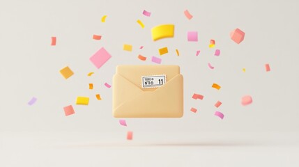 An envelope surrounded by colorful confetti, symbolizing celebration or communication.