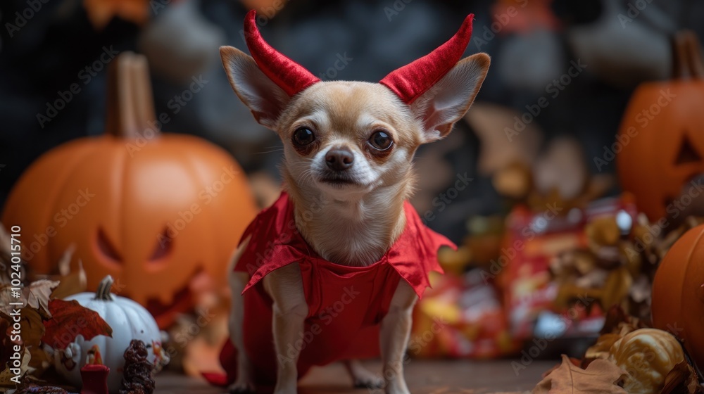 Sticker A small dog dressed in a devil costume, surrounded by Halloween decorations and pumpkins.