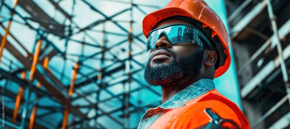 Canvas Prints A construction worker in safety gear stands confidently at a building site.