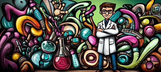 Obraz premium A scientist stands confidently amidst colorful laboratory equipment and glassware.