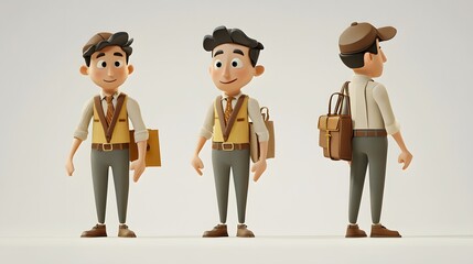 3D cartoon illustration of a young man with a backpack, briefcase, and cap.