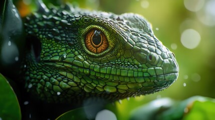 Fototapeta premium Close-up of a green lizard with bright orange eyes, looking to the right with a blurred green background.