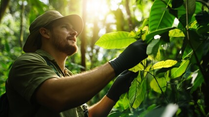 Botanist Researching Exotic Plants in Lush Jungle
