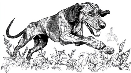 A playful dog leaping through foliage, showcasing energy and joy in nature.