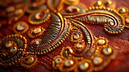 Obraz premium Close-up of intricate embroidery featuring golden threads on a rich fabric, showcasing exquisite craftsmanship and elegant design.
