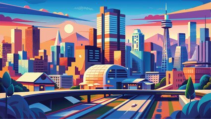 Vibrant Urban Cityscape Vector Art Towering Skyscrapers in a Dynamic City Background Illustration