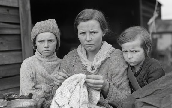 Stark portrayal: black and white depiction of Great Depression's drama, capturing intense hardship, emotional struggles, bleak realities of turbulent era through striking contrasts, powerful imagery.
