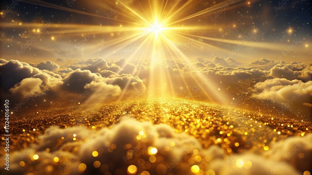Wall mural high angle view of gold abstract elements with glitter effect and radiant gold beam of light