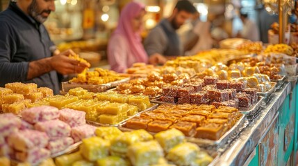 A vibrant scene of a local market stall selling an array of traditional sweets, with customers eagerly choosing their favorites