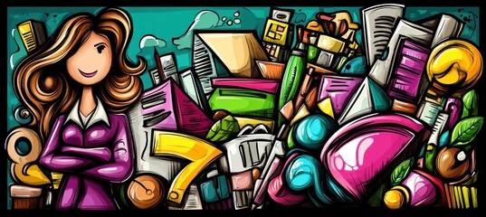 Fototapeta premium A colorful illustration featuring a confident woman surrounded by various office supplies.