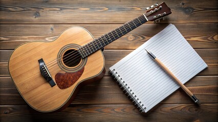 High angle view of guitar and notebook on table for composing music