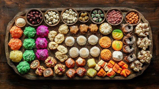 A vibrant spread of traditional Diwali sweets like ladoos, barfis, and jalebis arranged on a decorative platter