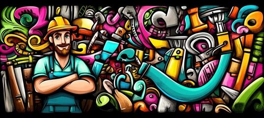 A colorful illustration featuring a smiling worker surrounded by various tools and vibrant designs.