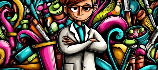 A cartoon scientist stands confidently amidst colorful lab equipment and tools.