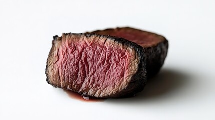 Fototapeta premium Thick-Cut Venison Steak with Distinct Grill Marks: Rich Red Interior and Charred Edges on White Background