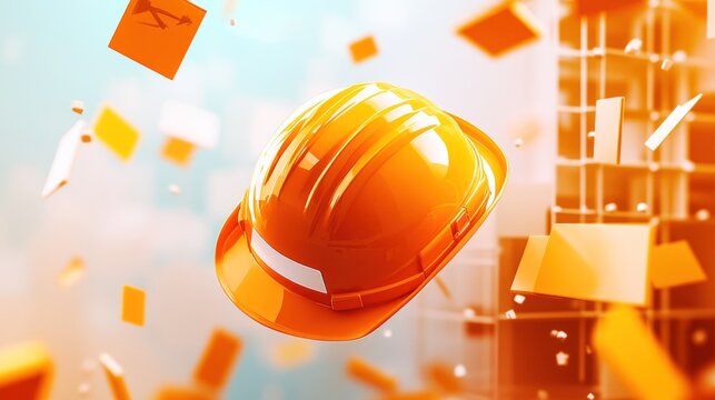 An orange hard hat floats amidst abstract construction elements, symbolizing safety in industry.