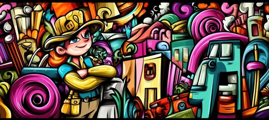 A colorful, whimsical landscape featuring a confident character amidst vibrant buildings and swirls.