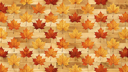 Autumn’s touch: golden and russet leaves create a seasonal wooden texture mosaic on wood background vibrant maple leaves scattered across a warm wooden canvas.