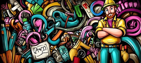 A colorful illustration featuring a character surrounded by various tools and equipment.