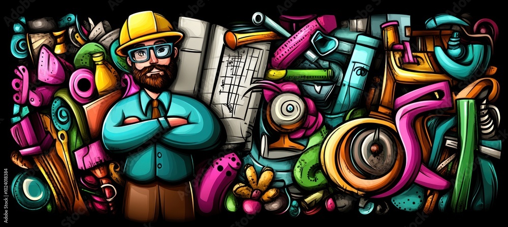 Canvas Prints A colorful illustration featuring a bespectacled man amidst various vibrant objects and tools.