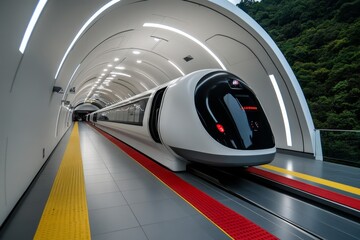 Fototapeta premium Futuristic train station, where magnetic levitation (maglev) trains travel at incredible speeds, offering smooth and quiet long-distance travel