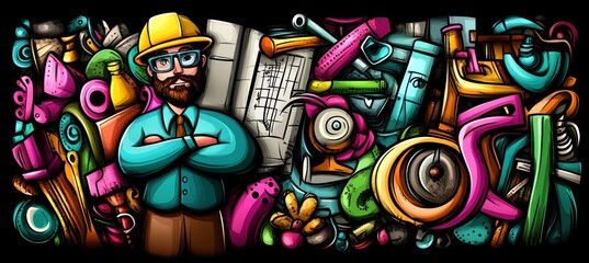 Obraz premium A colorful illustration featuring a bespectacled man amidst various vibrant objects and tools.