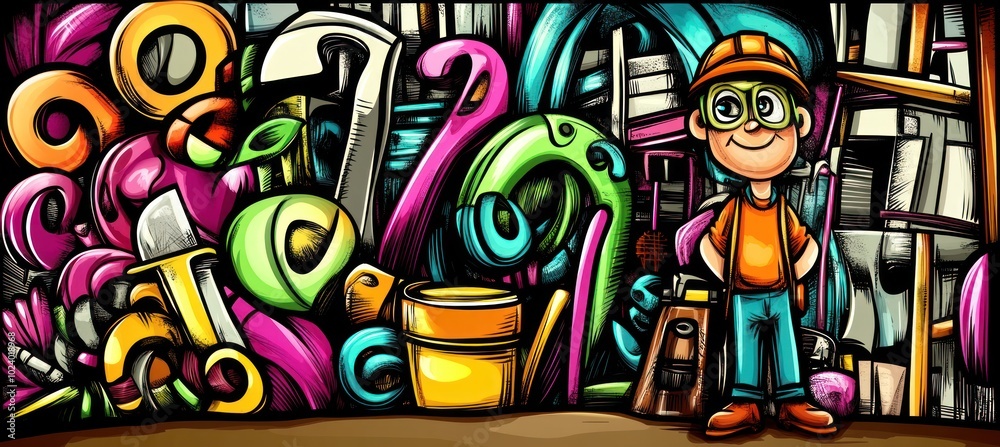 Poster A cheerful character stands amidst colorful tools and supplies in a vibrant, artistic setting.