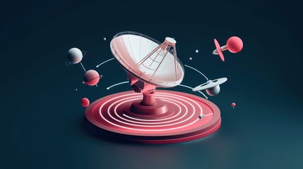 A stylized satellite dish surrounded by planets, representing space exploration and communication.