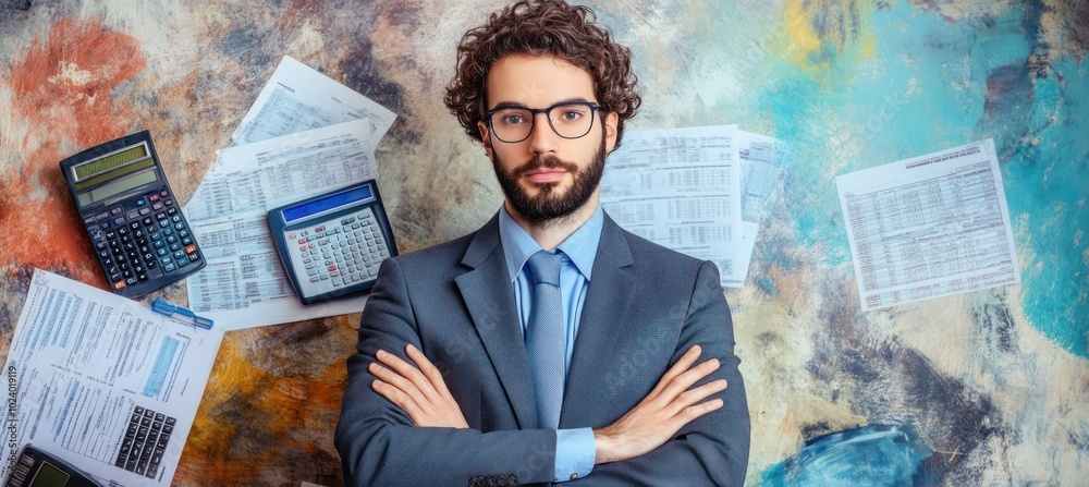 Wall mural A confident man in a suit stands among financial documents and calculators.