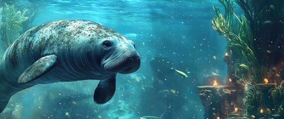 A serene underwater scene featuring a manatee swimming gracefully among vibrant aquatic plants and marine life.