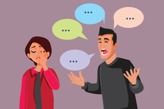 Woman Exasperated by Chatterbox Husband Vector Cartoon Illustration. Condescending man explaining too much to a girlfriend 
