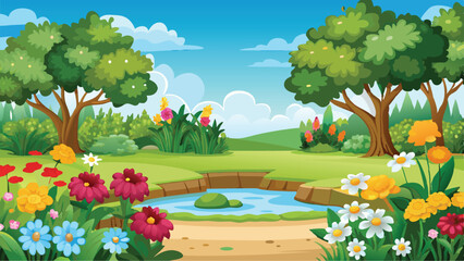 Serene Garden and Flowers Vector Art Blooming Plants in a Beautiful Background Illustration Design