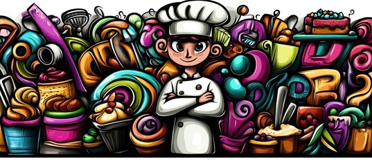 A cheerful chef stands among a colorful array of desserts and treats, showcasing culinary creativity.
