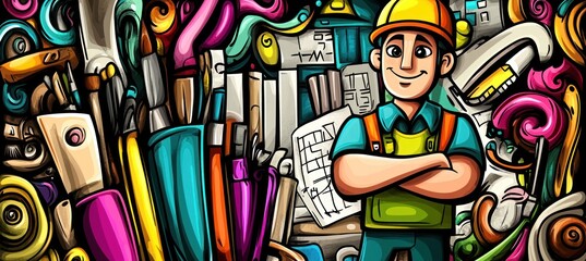 Obraz premium A cheerful worker stands among colorful tools and blueprints, symbolizing creativity and construction.
