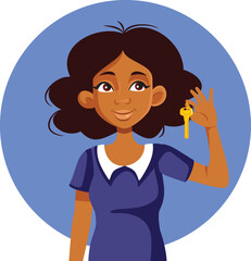 Woman of Black Ethnicity Holding Golden Key Vector Cartoon. Real estate agent showing the key to the new homeowners
