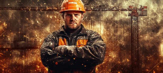A construction worker stands confidently amidst a dramatic industrial backdrop.