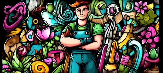 A colorful illustration of a gardener surrounded by plants and gardening tools.