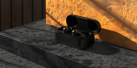 Fones de ouvido sem fio colocados em uma caixa de carregamento.