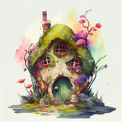 Charming watercolor fairy house surrounded by colorful flowers and delicate greenery, evoking a sense of whimsy and magic
