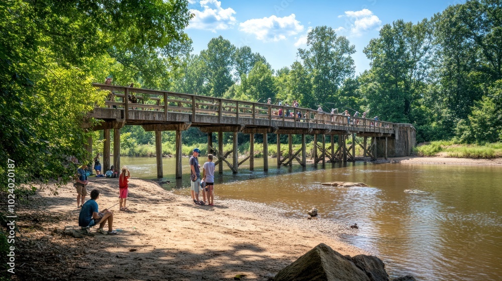 Wall mural A scenic riverside view with people enjoying a wooden pier and natural surroundings.