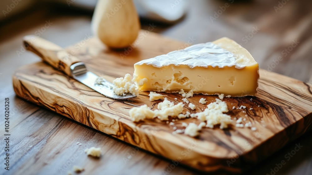 Poster A wedge of cheese on a wooden cutting board with a knife, showcasing a rustic kitchen setting.