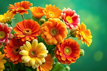 High angle view of orange and yellow spring flower against green background