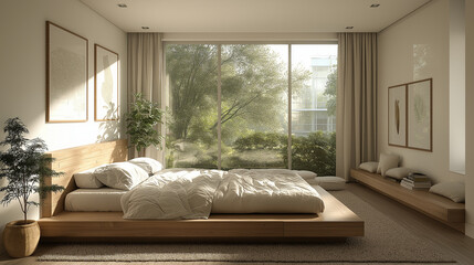 A minimalist bedroom interior with neutral tones, focusing on simplicity and calmness 