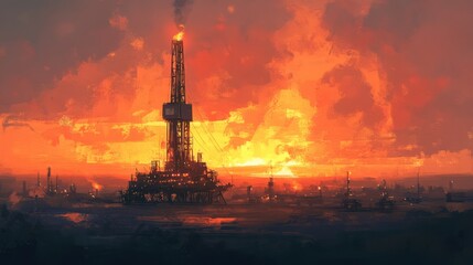 A drilling rig at sunset, with the sky painted in shades of orange and pink. The rig is active, and the surrounding oil field is bathed