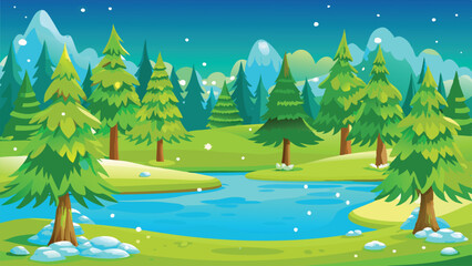 Obraz premium Magical Winter Wonderland with Snow Covered Trees and Frozen Lakes Vector art