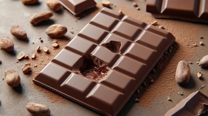 A close-up of a chocolate bar with cocoa beans and shavings around it, emphasizing indulgence.