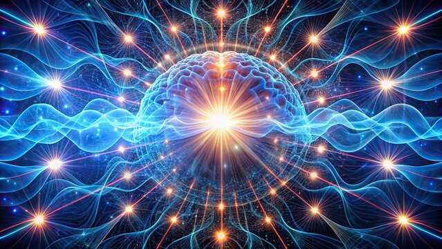 High angle view of patterns of light illuminating brainwaves