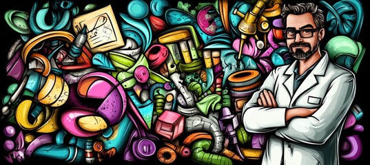 A scientist stands amidst colorful scientific tools and equipment, symbolizing innovation.