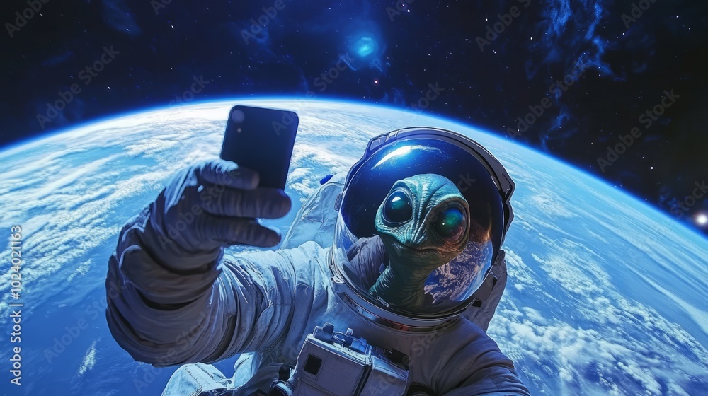 Canvas Prints astronaut in suit and alien taking a selfie floating in space with earth on the background
